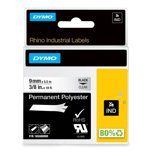 Dymo Rhino Polüestri riba Lint 18508 9mm x 5.5m must läbipaistval / tugevalt kleepuv