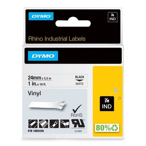 Dymo Rhino Vinüüllint Lint 1805430 24mm x 5.5m must valgel