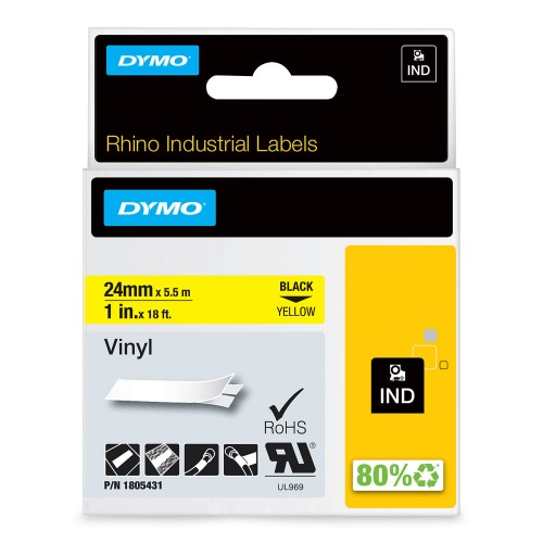 Dymo Rhino Vinüüllint Lint 1805431 24mm x 5.5m must kollasel