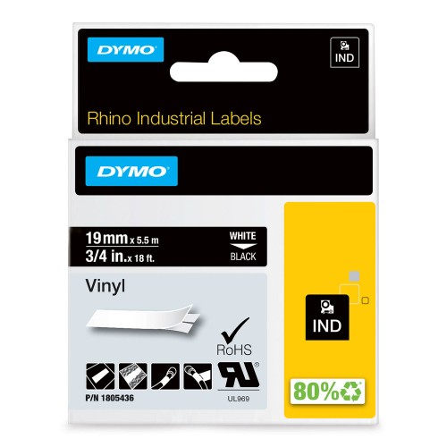 Dymo Rhino Vinüüllint Lint 1805436 19mm x 5.5m valge mustaga