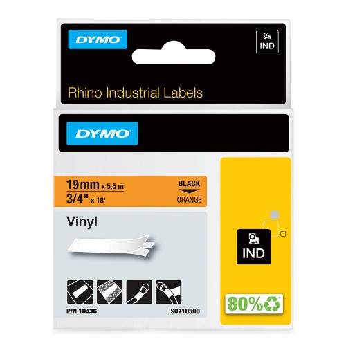Dymo Rhino Vinüüllint Lint 18436 19mm x 5.5m must oranžil