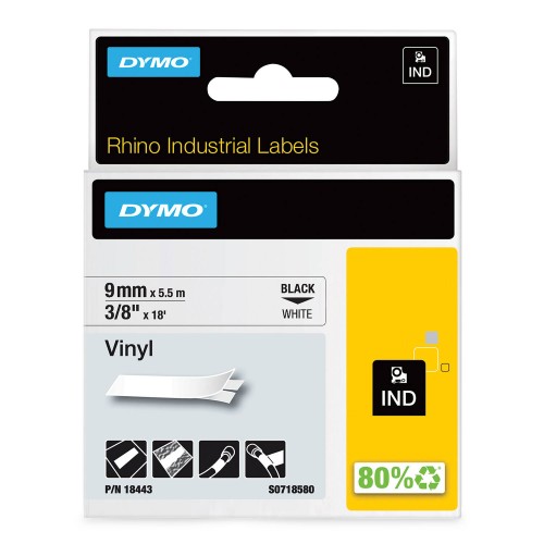 Dymo Rhino Vinüüllint Lint 18443 9mm x 5.5m must valgel