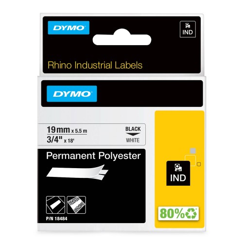 Dymo Rhino Polüestri riba Lint 18484 19mm x 5.5m must valgel / tugevalt kleepuv - S0718220