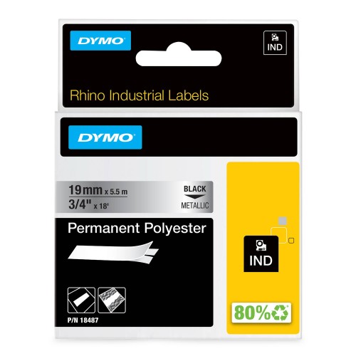 Dymo Rhino Polüestri riba Lint 18487 19mm x 5.5m must metalliseeritul / tugevalt kleepuv